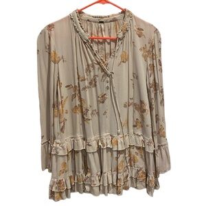 Free People Small Floral Ruched Layered Flowy Long Sleeve Blouse Top